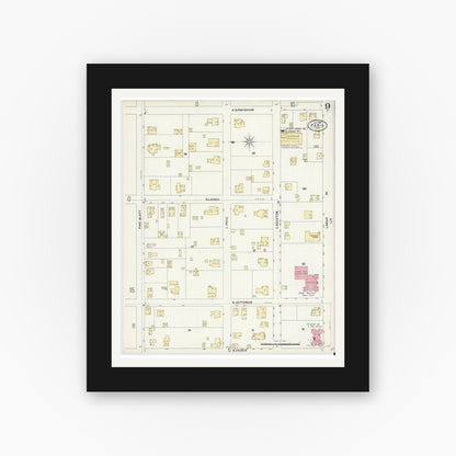 Old map wall art mockup — black gallery frame with white mat — Sanborn Fire Insurance Map from Paris, Lamar County, Texas (1897), Sheet #0009