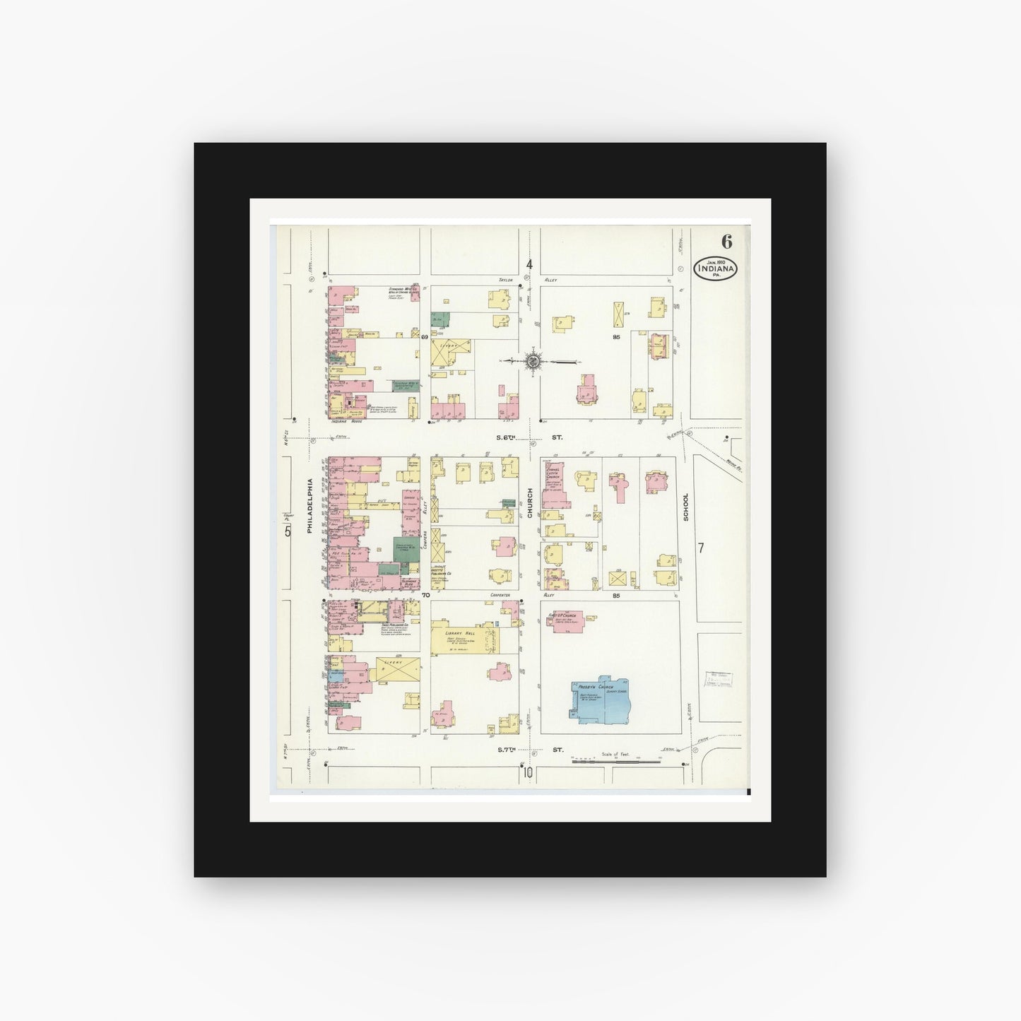 Old map wall art mockup — black gallery frame with white mat — Sanborn Fire Insurance Map from Indiana, Indiana County, Pennsylvania (1910), Sheet #0006