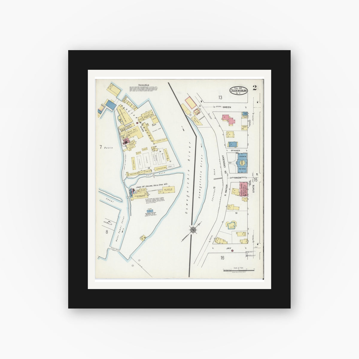 Old map wall art mockup — black gallery frame with white mat — Sanborn Fire Insurance Map from Ogdensburg, St. Lawrence County, New York (1918) - Complete Map Set