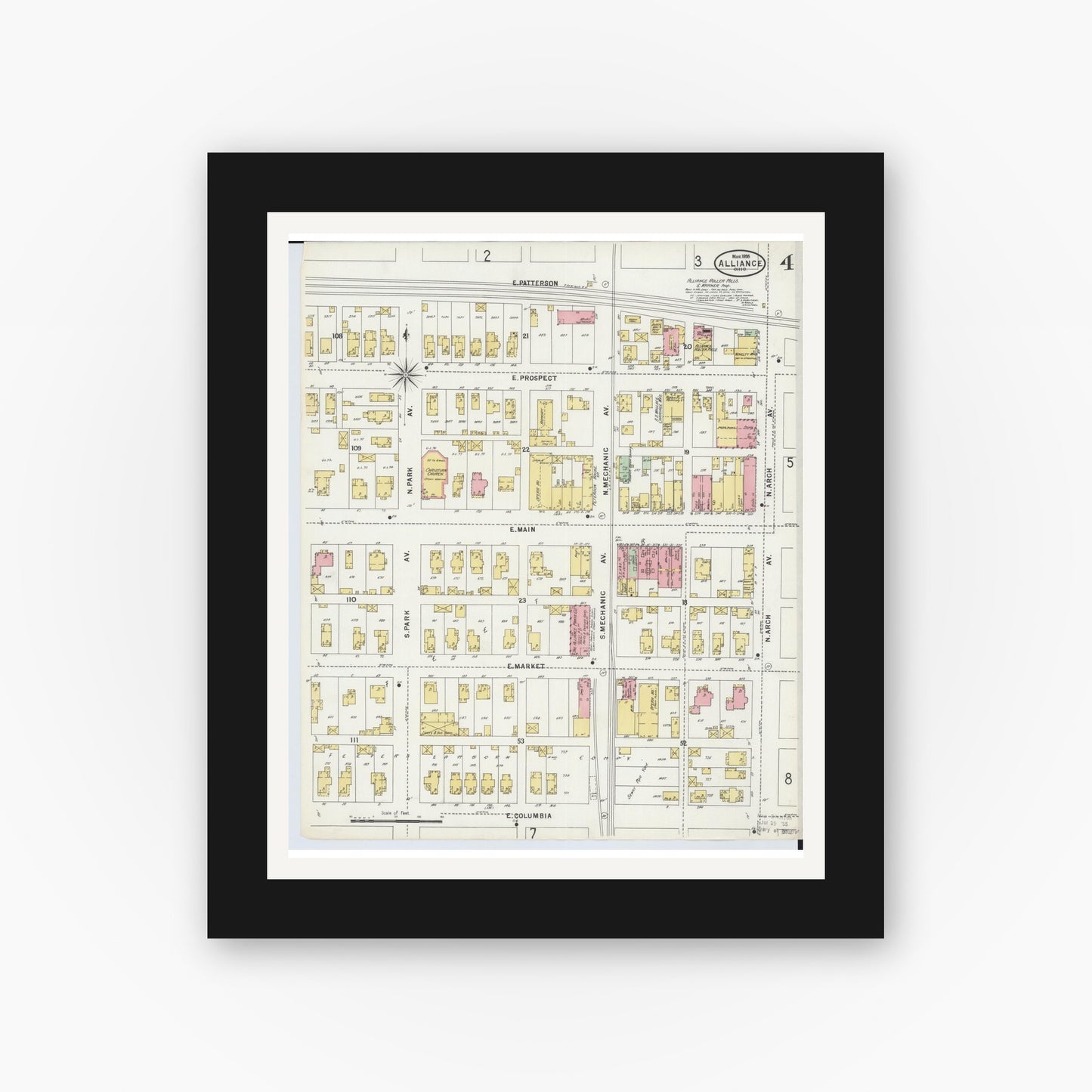 Old map wall art mockup — black gallery frame with white mat — Sanborn Fire Insurance Map from Alliance, Stark County, Ohio (1898), Sheet #0004