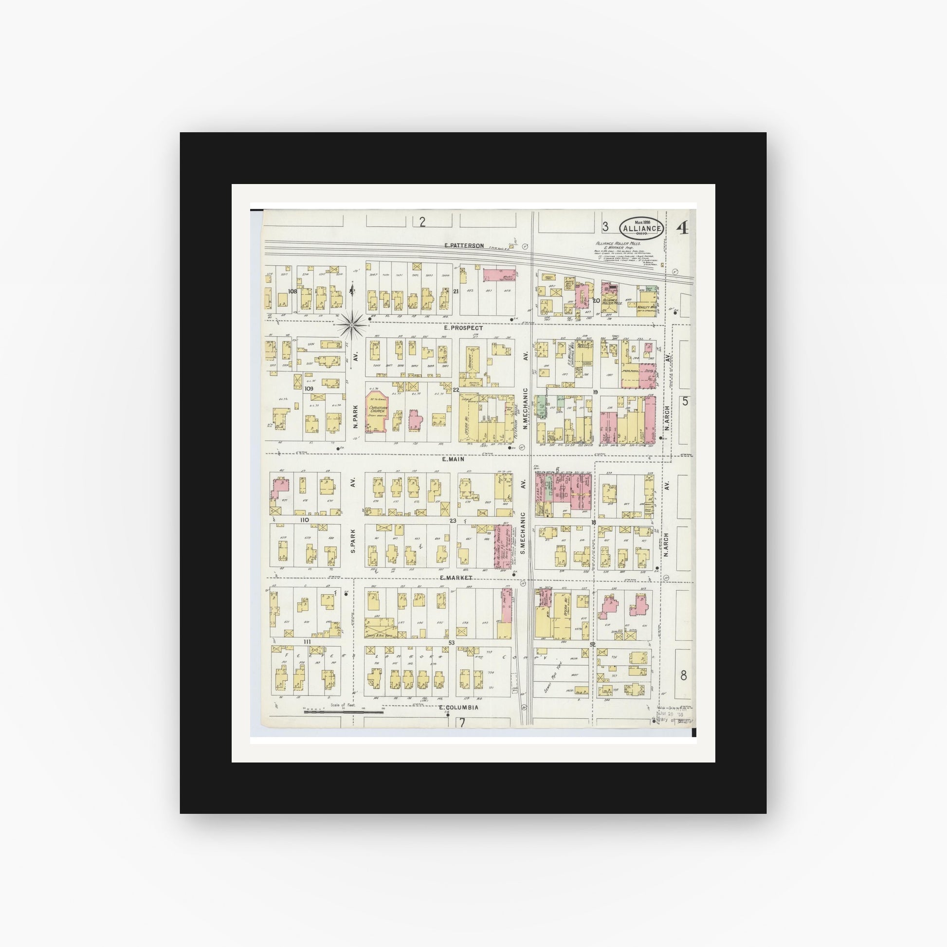 Old map wall art mockup — black gallery frame with white mat — Sanborn Fire Insurance Map from Alliance, Stark County, Ohio (1898), Sheet #0004