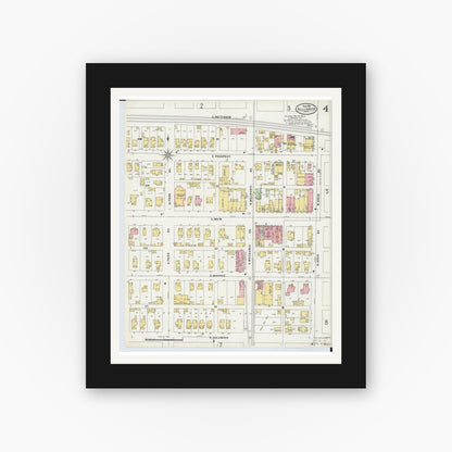 Old map wall art mockup — black gallery frame with white mat — Sanborn Fire Insurance Map from Alliance, Stark County, Ohio (1898), Sheet #0004
