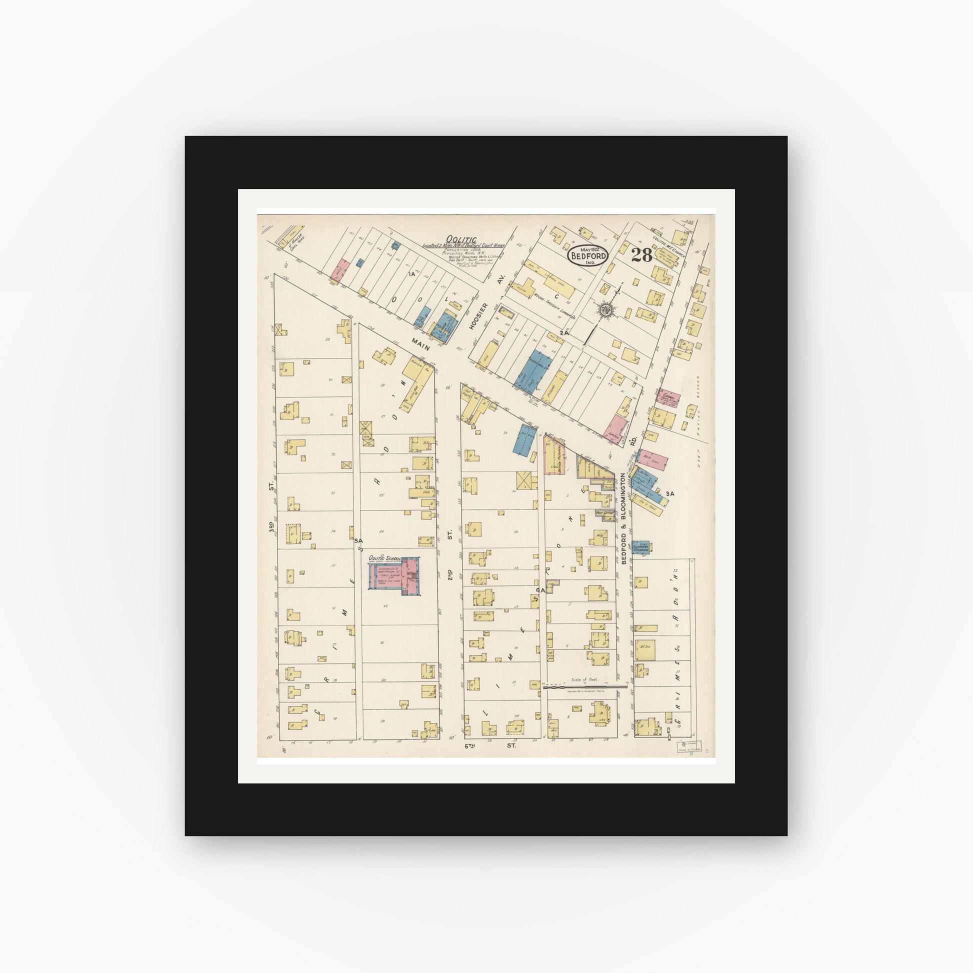 Old map wall art mockup — black gallery frame with white mat — Sanborn Fire Insurance Map from Bedford, Lawrence County, Indiana (1922), Sheet #0028