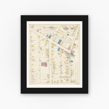 Old map wall art mockup — black gallery frame with white mat — Sanborn Fire Insurance Map from Bedford, Lawrence County, Indiana (1922), Sheet #0028