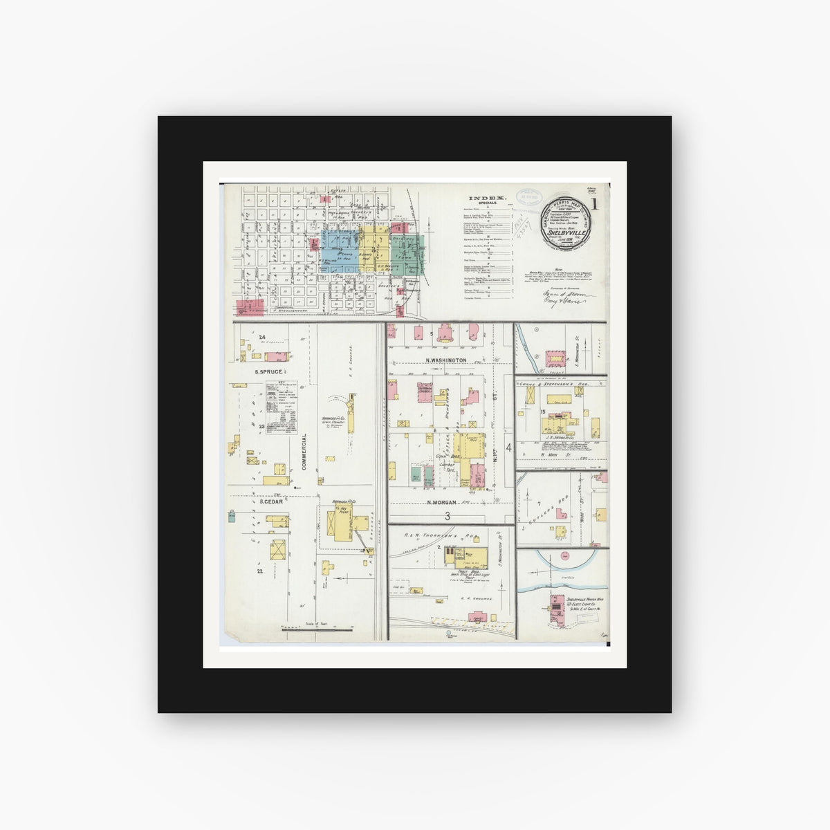 Old map wall art mockup — black gallery frame with white mat — Sanborn Fire Insurance Map from Shelbyville, Shelby County, Illinois (1898) - Complete Map Set