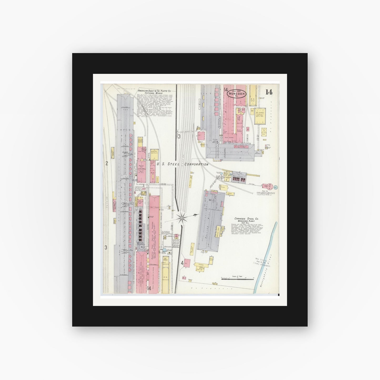 Old map wall art mockup — black gallery frame with white mat — Sanborn Fire Insurance Map from Monessen, Westmoreland County, Pennsylvania (1908), Sheet #0014