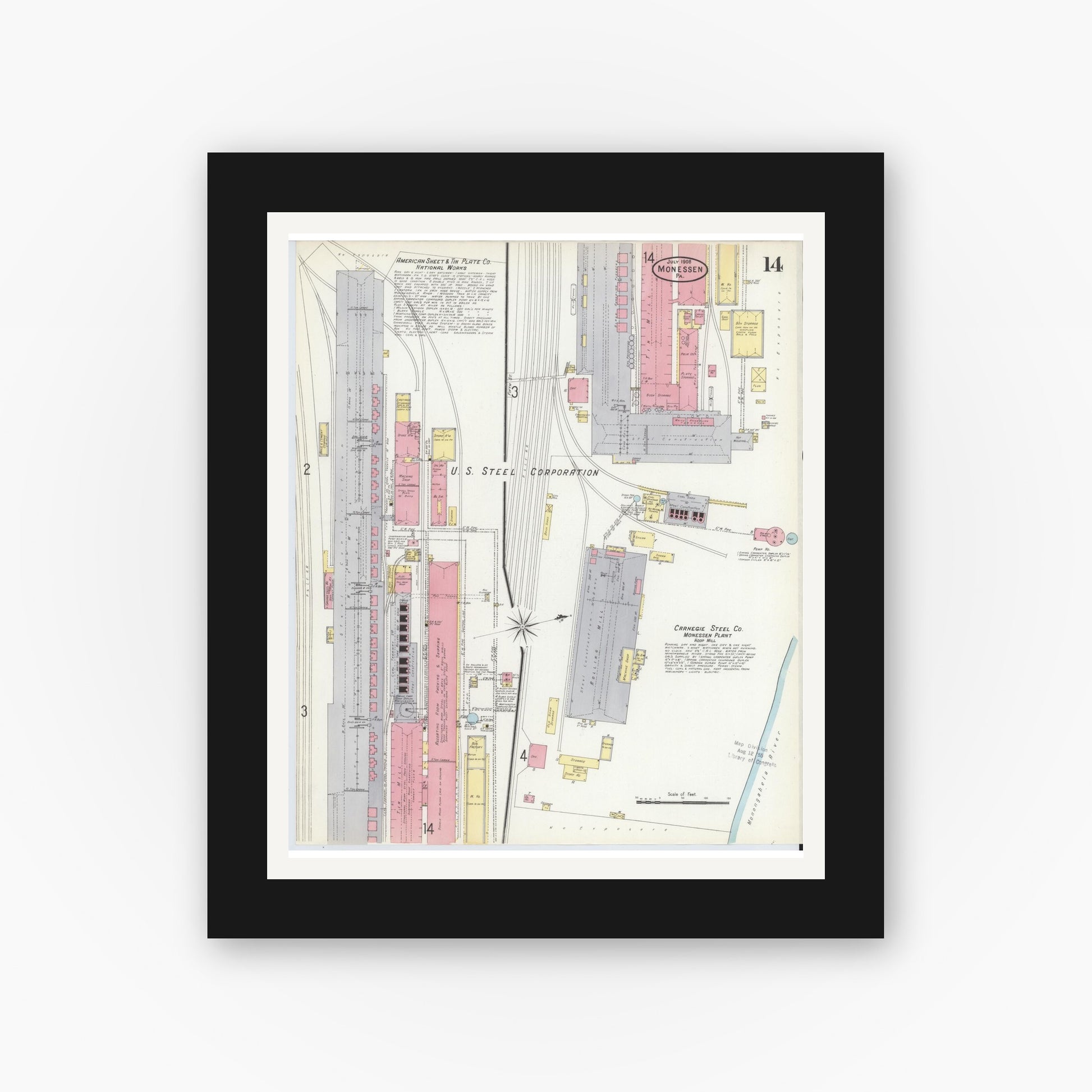 Old map wall art mockup — black gallery frame with white mat — Sanborn Fire Insurance Map from Monessen, Westmoreland County, Pennsylvania (1908), Sheet #0014