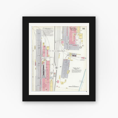 Old map wall art mockup — black gallery frame with white mat — Sanborn Fire Insurance Map from Monessen, Westmoreland County, Pennsylvania (1908), Sheet #0014