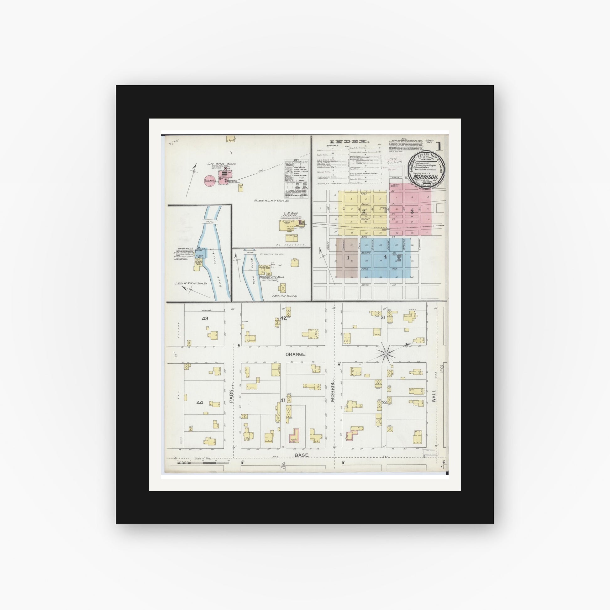 Old map wall art mockup — black gallery frame with white mat — Sanborn Fire Insurance Map from Morrison, Whiteside County, Illinois (1892) - Complete Map Set