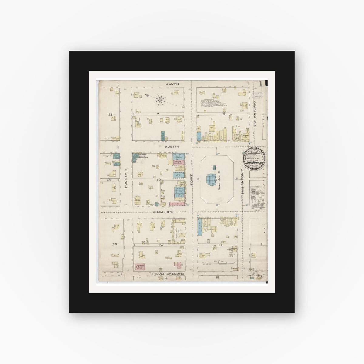 Old map wall art mockup — black gallery frame with white mat — Sanborn Fire Insurance Map from San Marcos, Hays County, Texas (1885) - Complete Map Set
