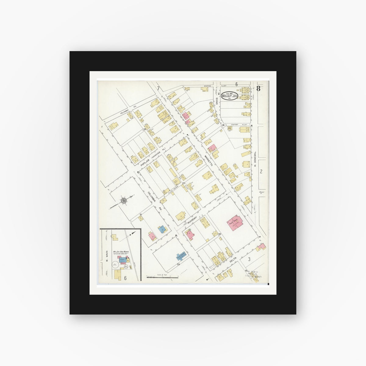 Old map wall art mockup — black gallery frame with white mat — Sanborn Fire Insurance Map from Mount Joy, Lancaster County, Pennsylvania (1912), Sheet #0008