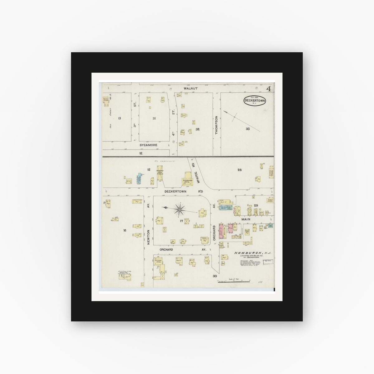 Old map wall art mockup — black gallery frame with white mat — Sanborn Fire Insurance Map from Deckertown, Sussex County, New Jersey (1890), Sheet #0004