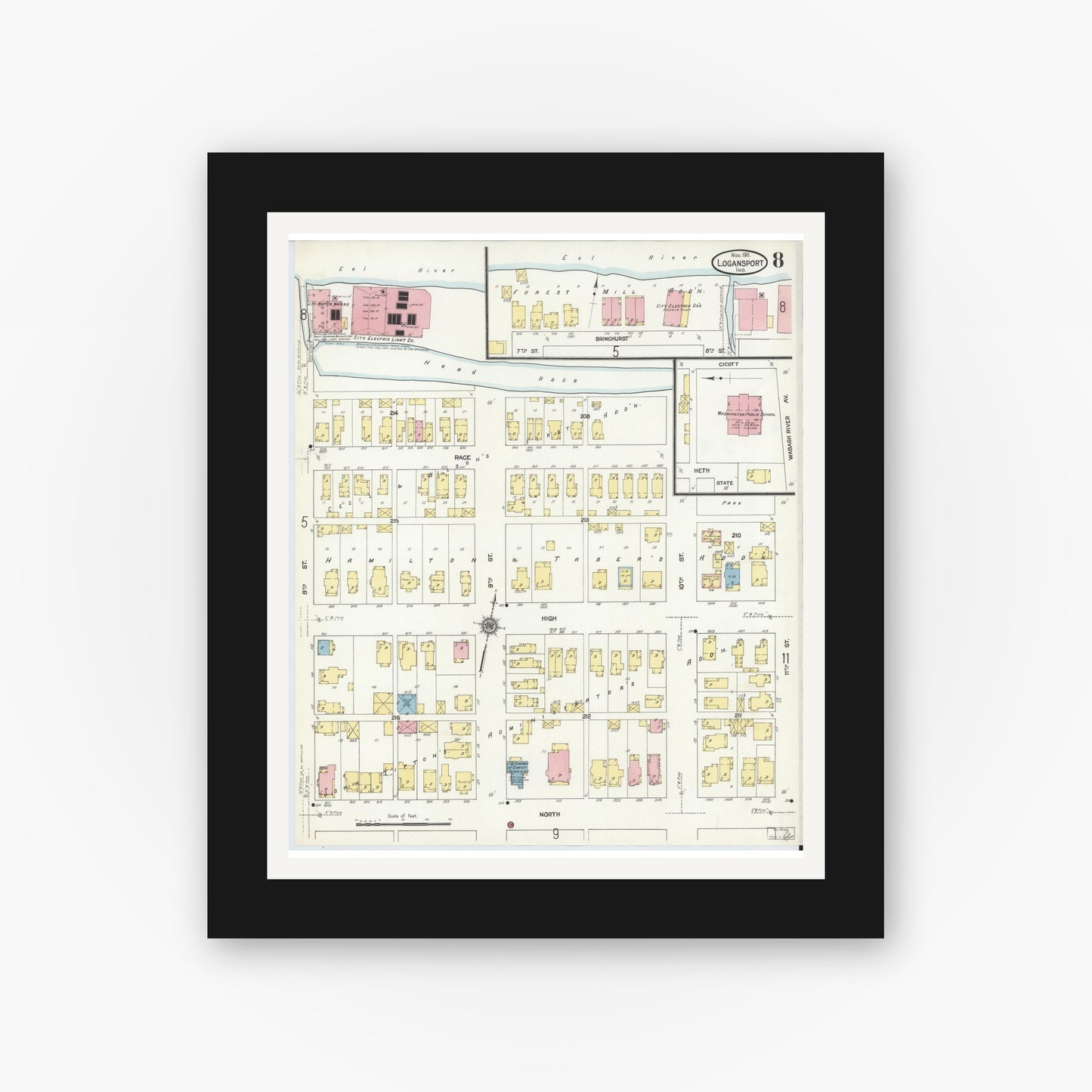 Old map wall art mockup — black gallery frame with white mat — Sanborn Fire Insurance Map from Logansport, Cass County, Indiana (1911), Sheet #0008