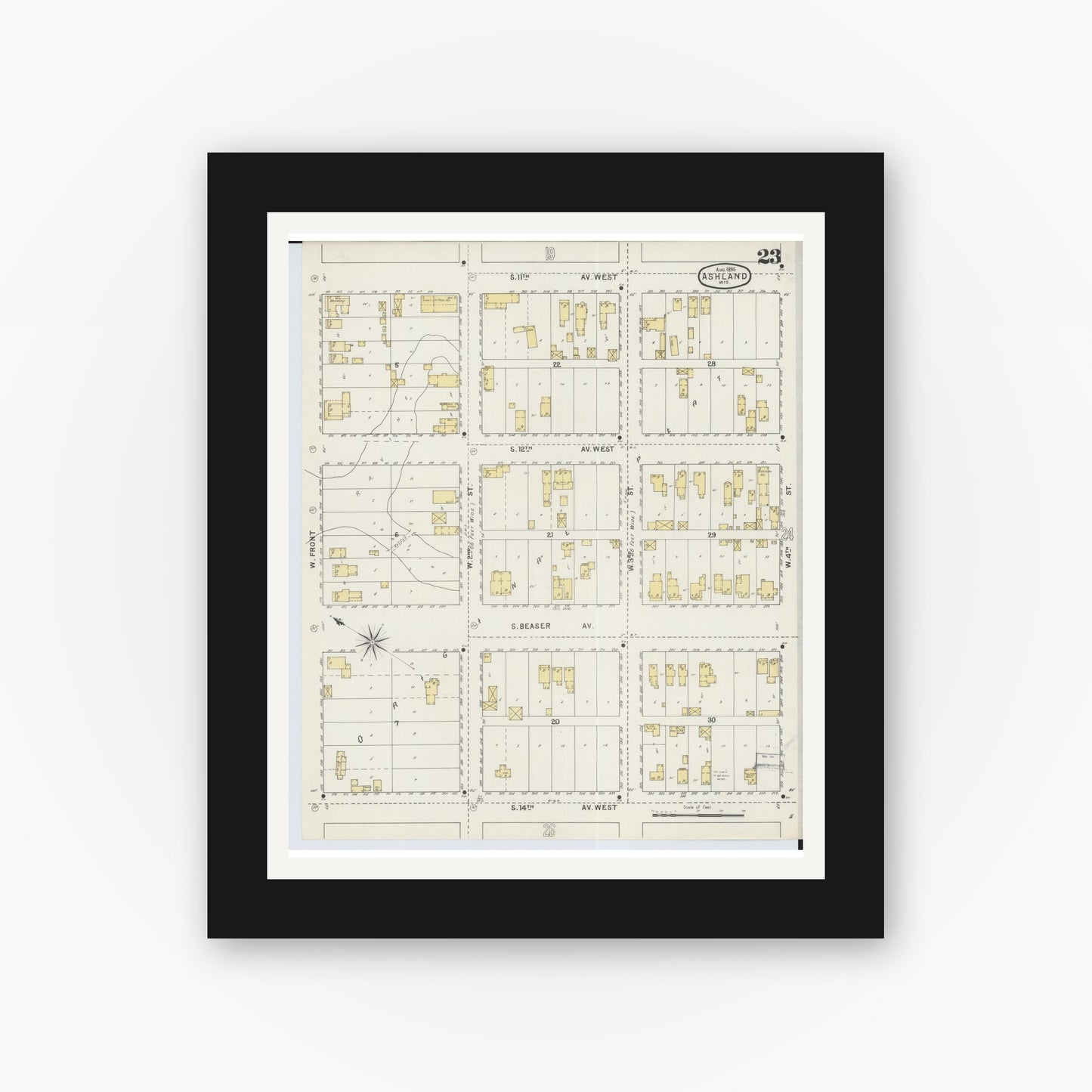 Old map wall art mockup — black gallery frame with white mat — Sanborn Fire Insurance Map from Ashland, Ashland County, Wisconsin (1895), Sheet #0023