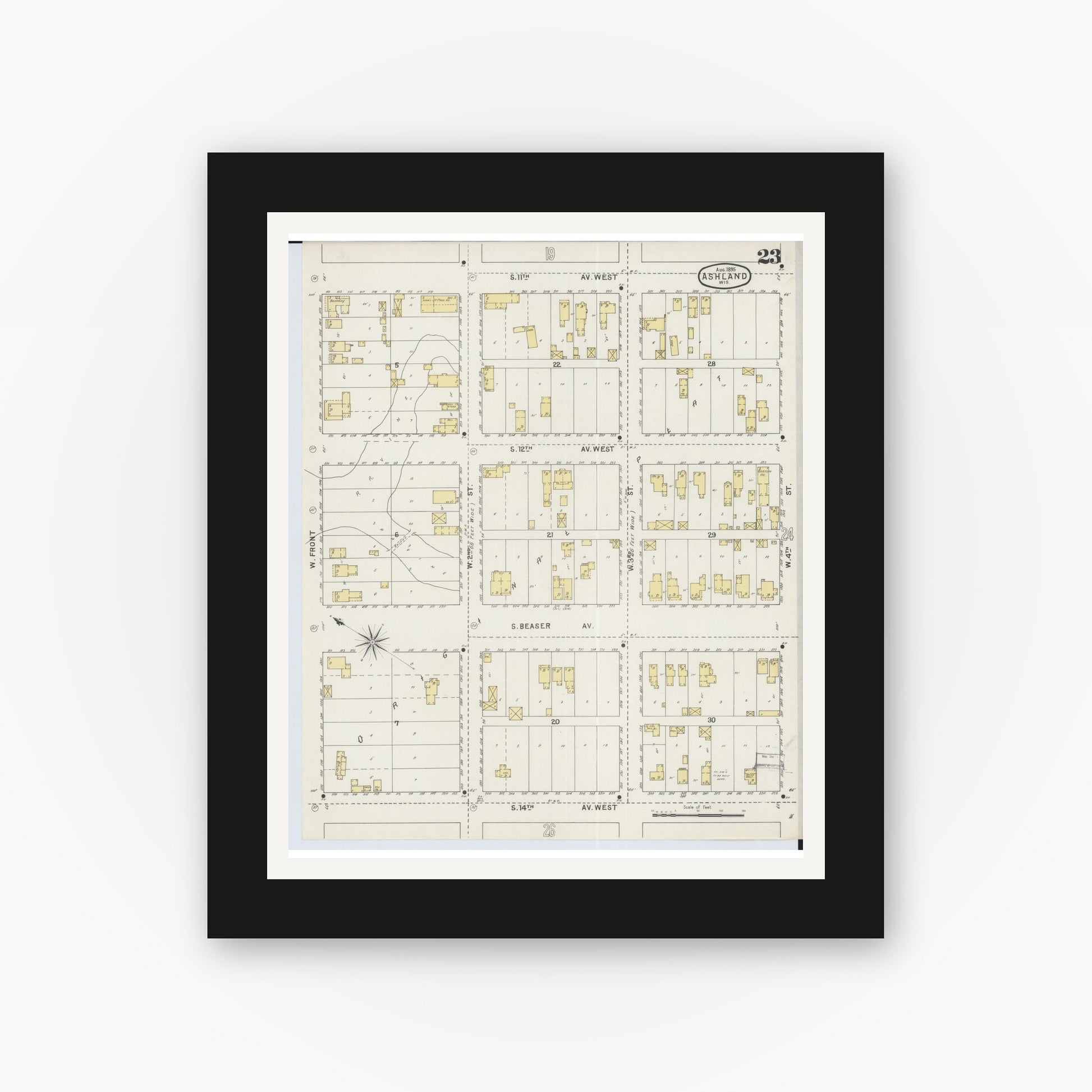 Old map wall art mockup — black gallery frame with white mat — Sanborn Fire Insurance Map from Ashland, Ashland County, Wisconsin (1895), Sheet #0023