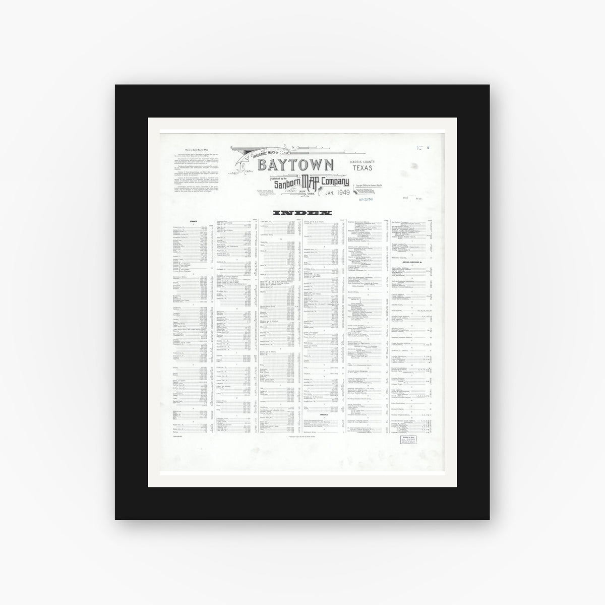 Old map wall art mockup — black gallery frame with white mat — Sanborn Fire Insurance Map from Baytown, Harris County, Texas (1949), Sheet #0001