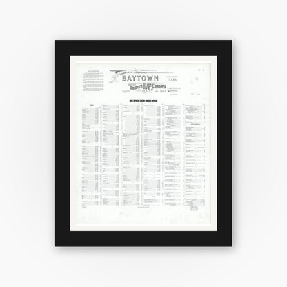 Old map wall art mockup — black gallery frame with white mat — Sanborn Fire Insurance Map from Baytown, Harris County, Texas (1949), Sheet #0001