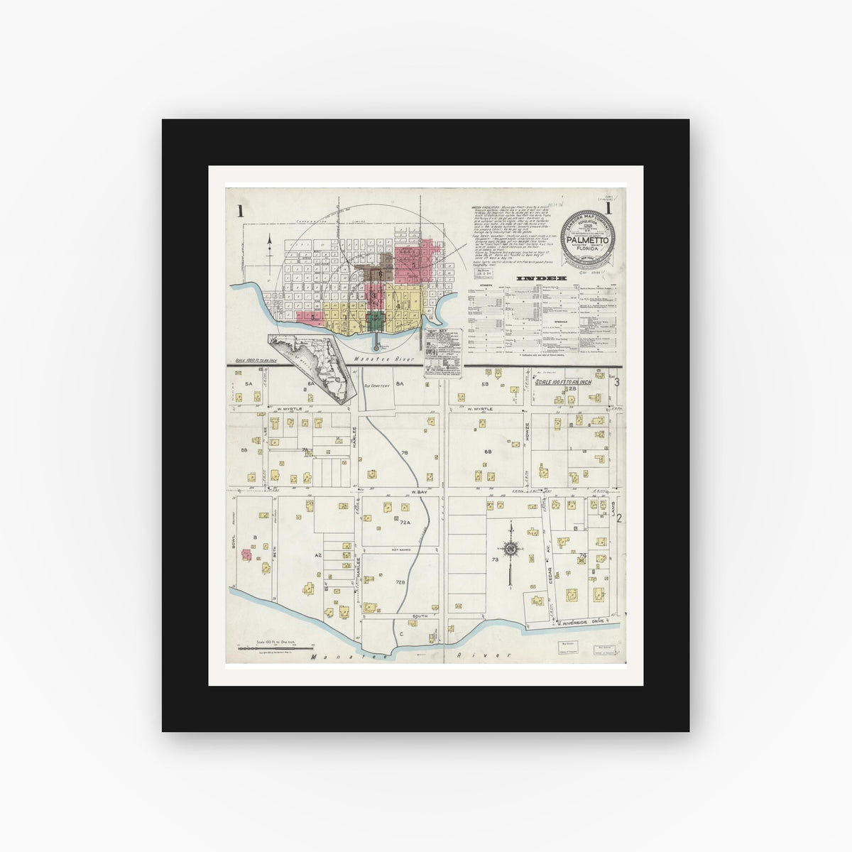 Old map wall art mockup — black gallery frame with white mat — Sanborn Fire Insurance Map from Palmetto, Manatee County, Florida (1923) - Complete Map Set