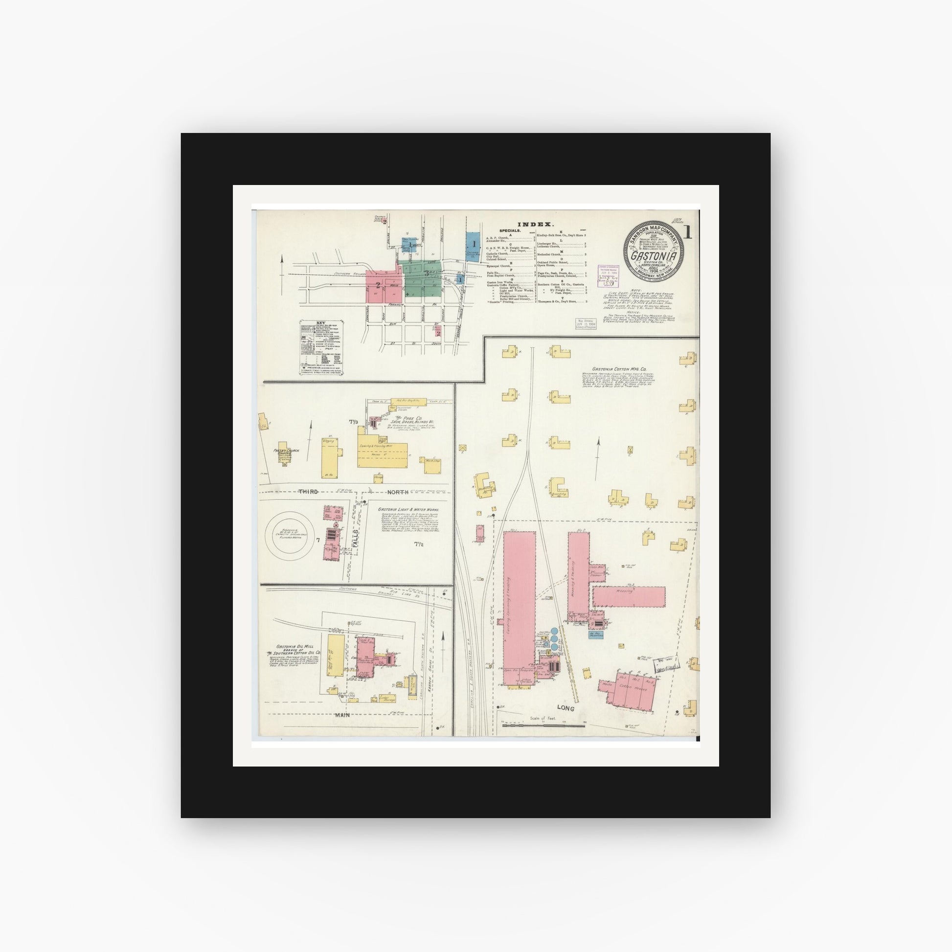Old map wall art mockup — black gallery frame with white mat — Sanborn Fire Insurance Map from Gastonia, Gaston County, North Carolina (1904) - Complete Map Set