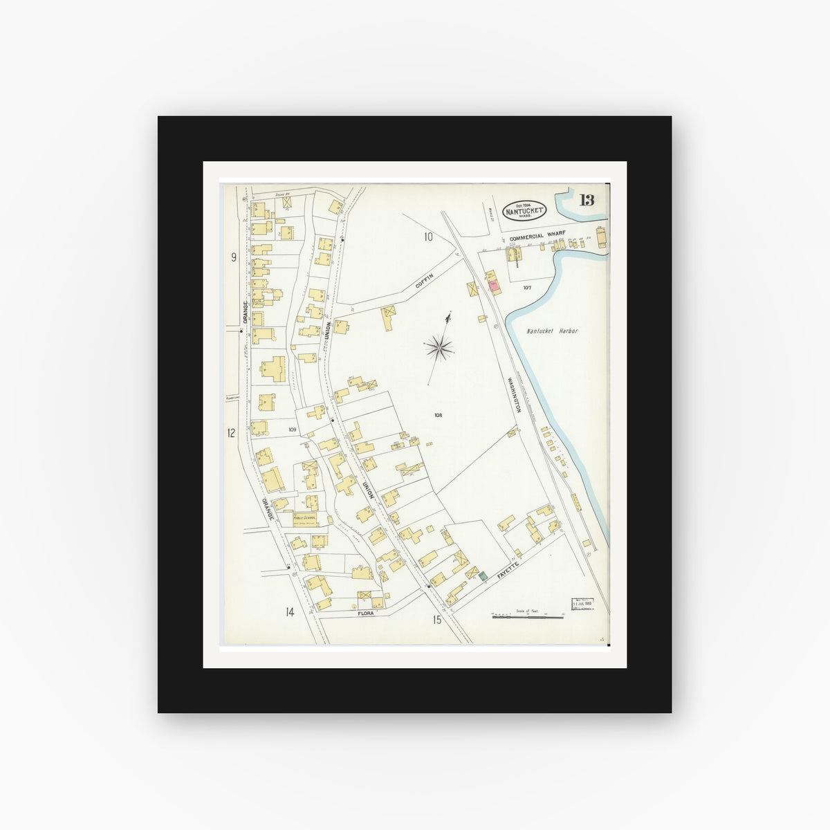 Old map wall art mockup — black gallery frame with white mat — Sanborn Fire Insurance Map from Nantucket, Nantucket County, Massachusetts (1904), Sheet #0013