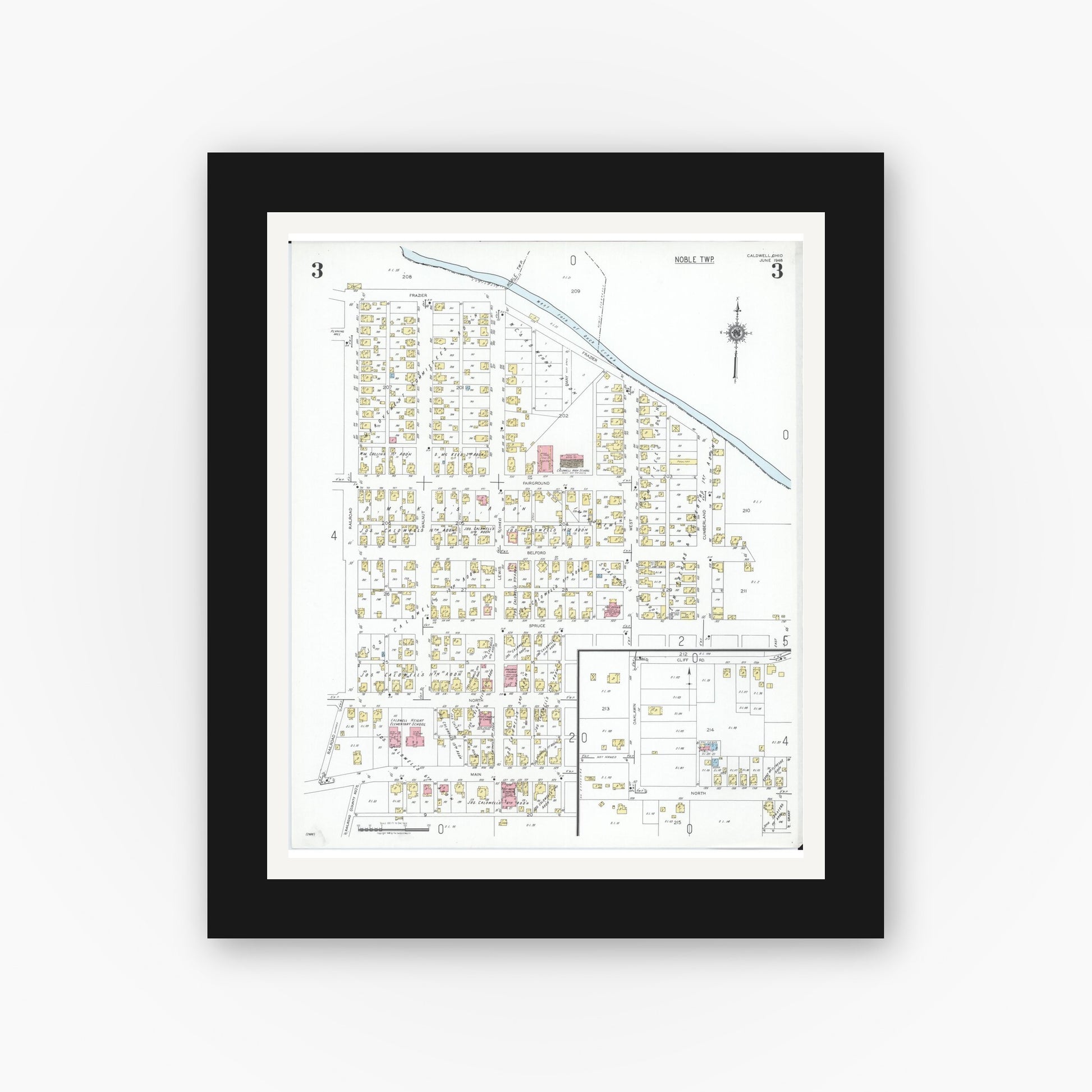 Old map wall art mockup — black gallery frame with white mat — Sanborn Fire Insurance Map from Caldwell, Noble County, Ohio (1948), Sheet #0003