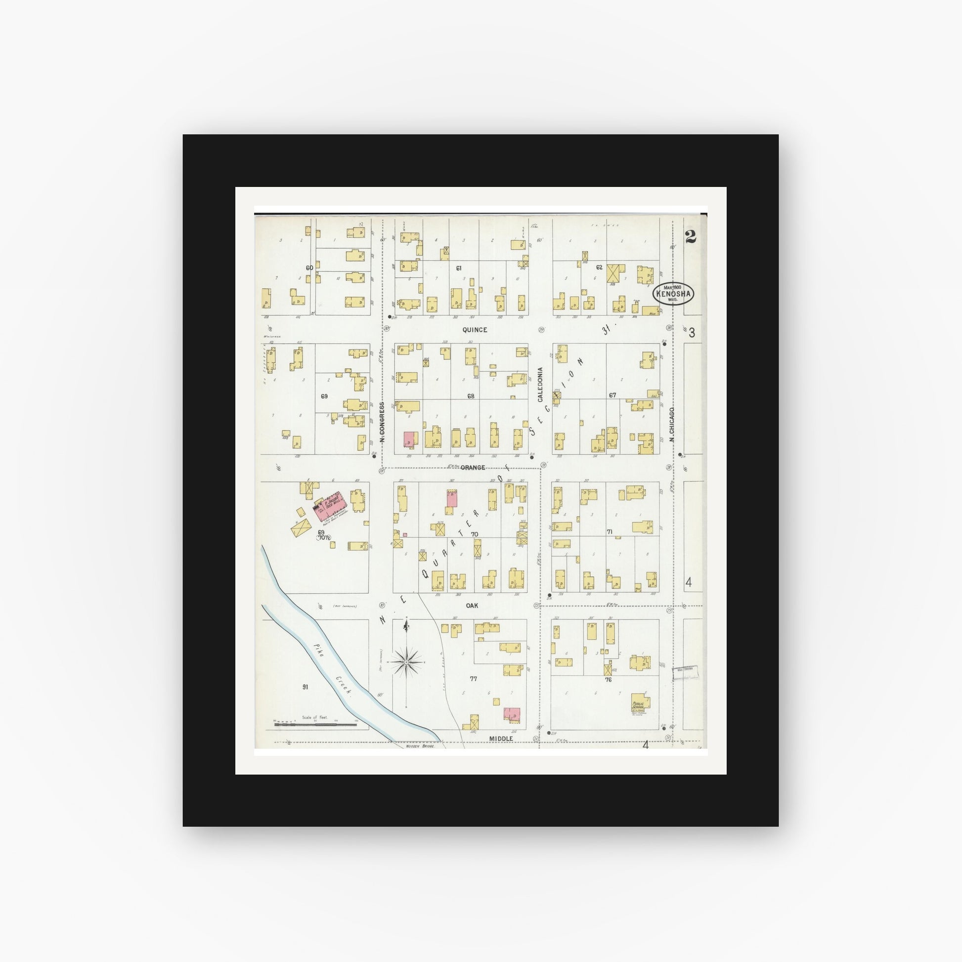 Old map wall art mockup — black gallery frame with white mat — Sanborn Fire Insurance Map from Kenosha, Kenosha County, Wisconsin (1900), Sheet #0002