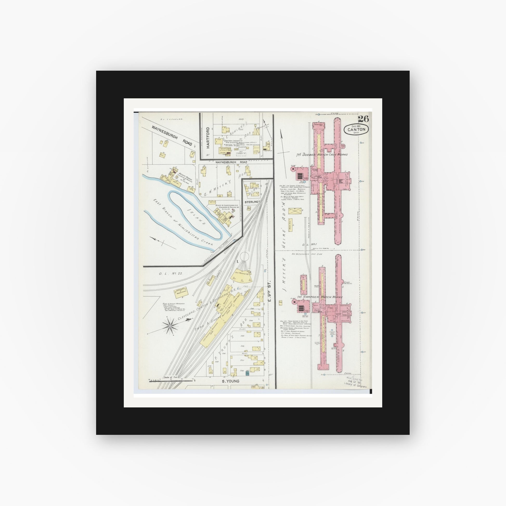 Old map wall art mockup — black gallery frame with white mat — Sanborn Fire Insurance Map from Canton, Stark County, Ohio (1891), Sheet #0026