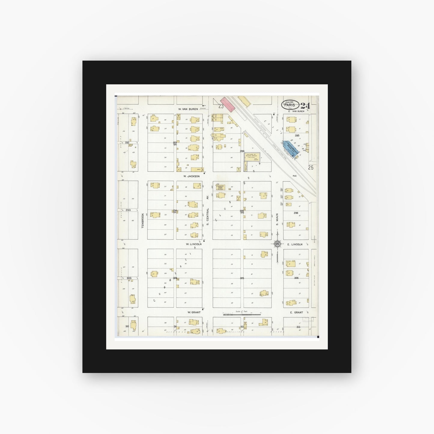 Old map wall art mockup — black gallery frame with white mat — Sanborn Fire Insurance Map from Paris, Edgar County, Illinois (1916), Sheet #0024