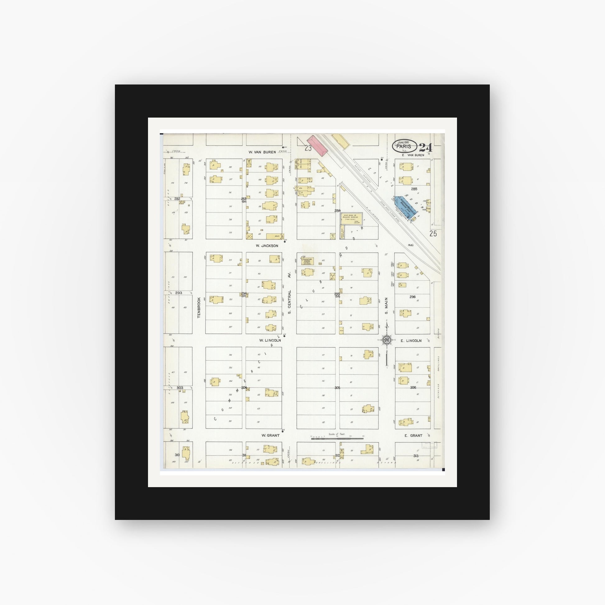 Old map wall art mockup — black gallery frame with white mat — Sanborn Fire Insurance Map from Paris, Edgar County, Illinois (1916), Sheet #0024