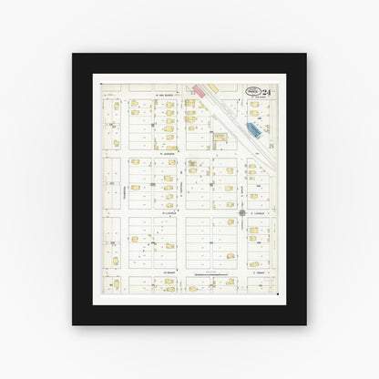 Old map wall art mockup — black gallery frame with white mat — Sanborn Fire Insurance Map from Paris, Edgar County, Illinois (1916), Sheet #0024