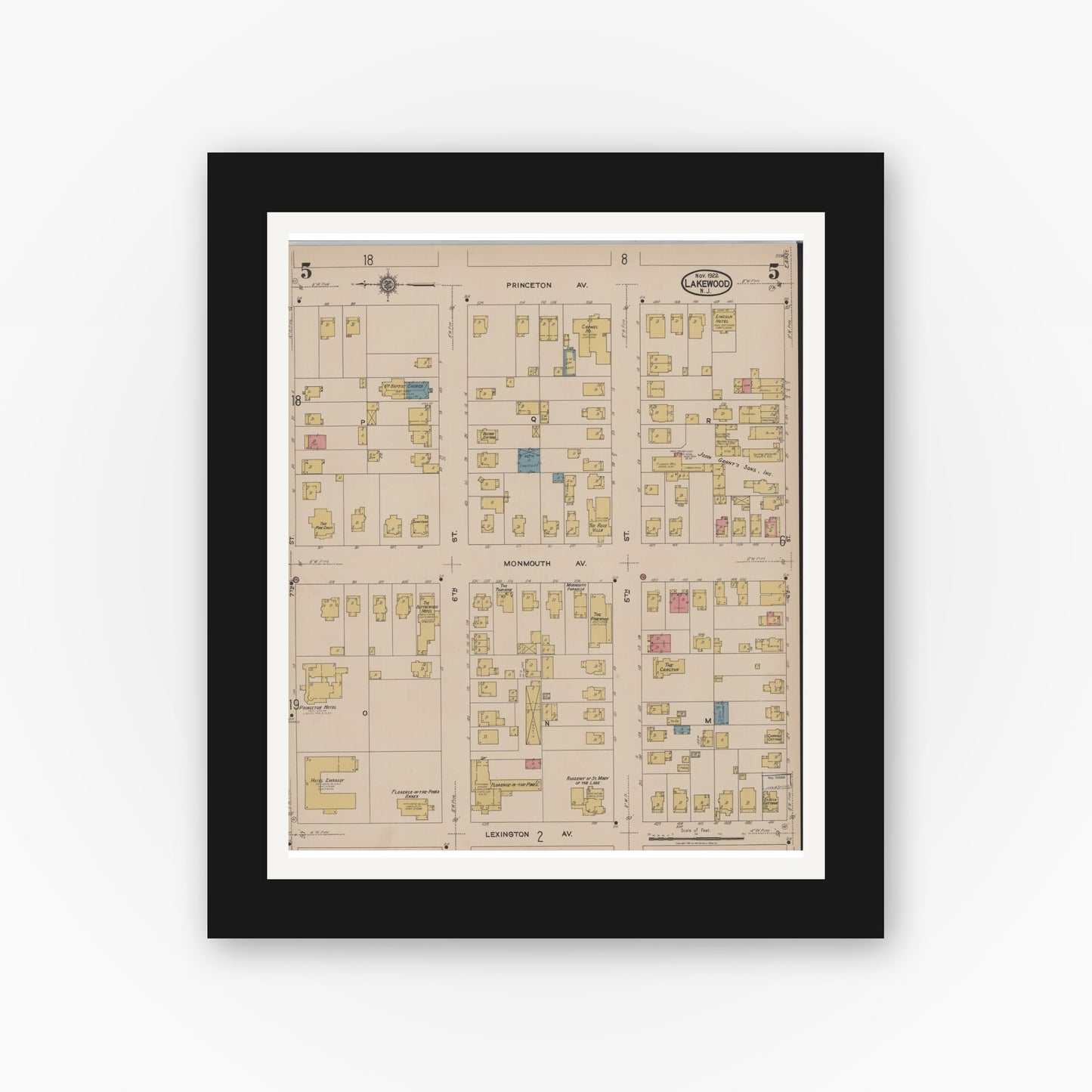 Old map wall art mockup — black gallery frame with white mat — Sanborn Fire Insurance Map from Lakewood, Ocean County, New Jersey (1922), Sheet #0005