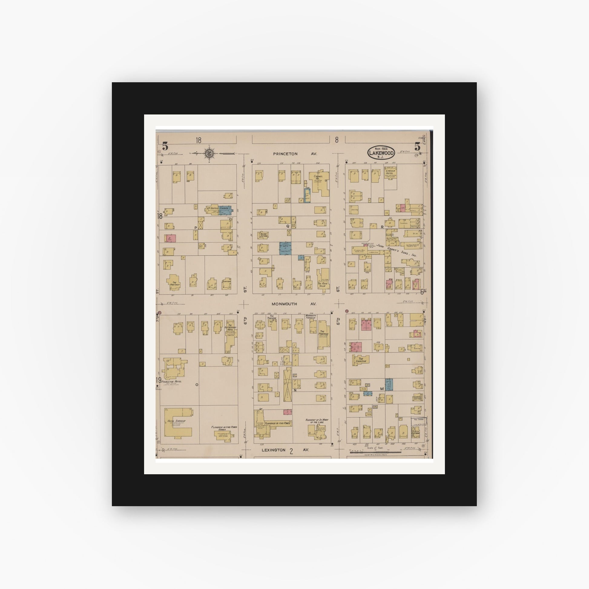 Old map wall art mockup — black gallery frame with white mat — Sanborn Fire Insurance Map from Lakewood, Ocean County, New Jersey (1922), Sheet #0005