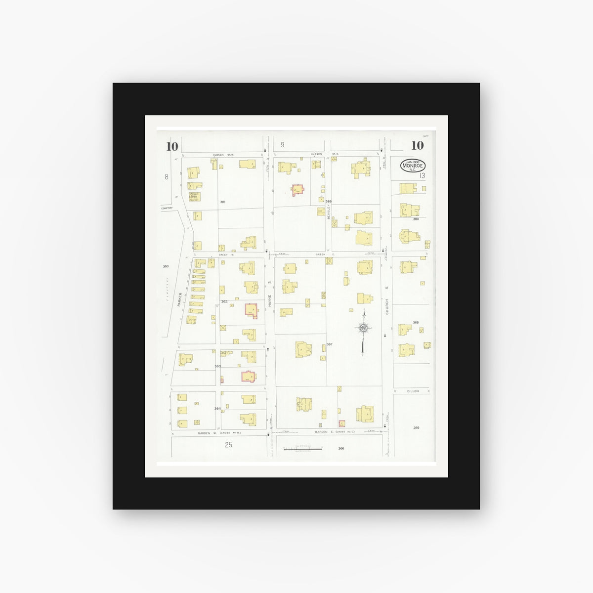 Old map wall art mockup — black gallery frame with white mat — Sanborn Fire Insurance Map from Monroe, Union County, North Carolina (1930), Sheet #0010