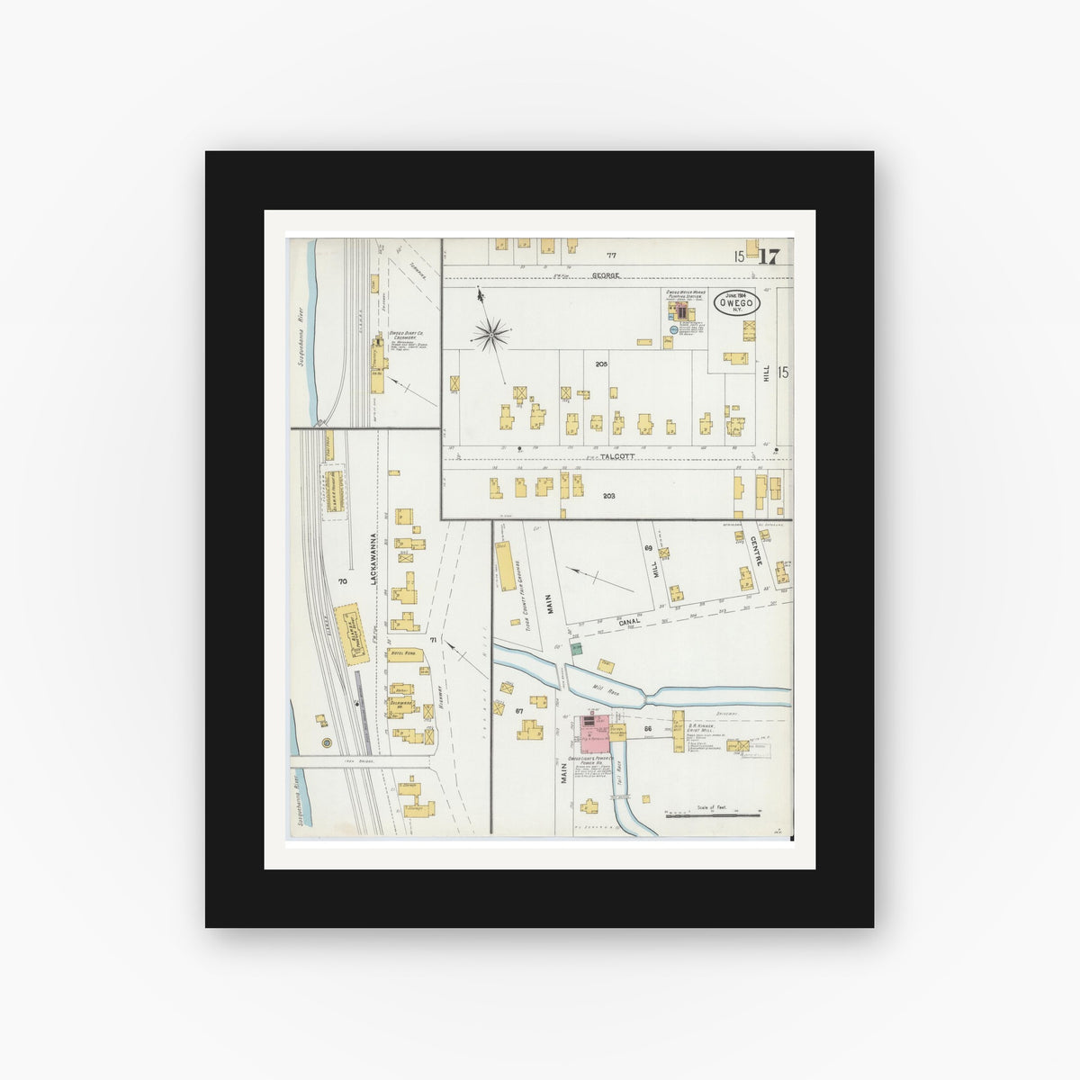 Old map wall art mockup — black gallery frame with white mat — Sanborn Fire Insurance Map from Owego, Tioga County, New York (1904), Sheet #0017