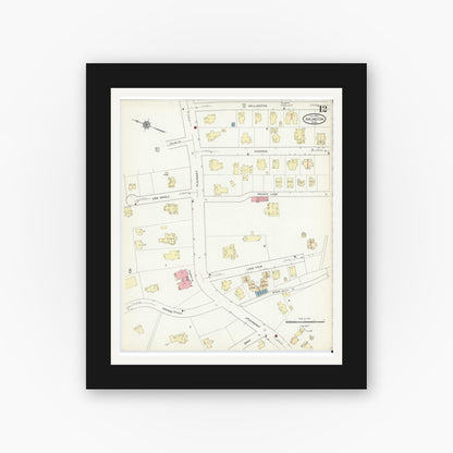 Old map wall art mockup — black gallery frame with white mat — Sanborn Fire Insurance Map from Arlington, Middlesex County, Massachusetts (1914), Sheet #0012