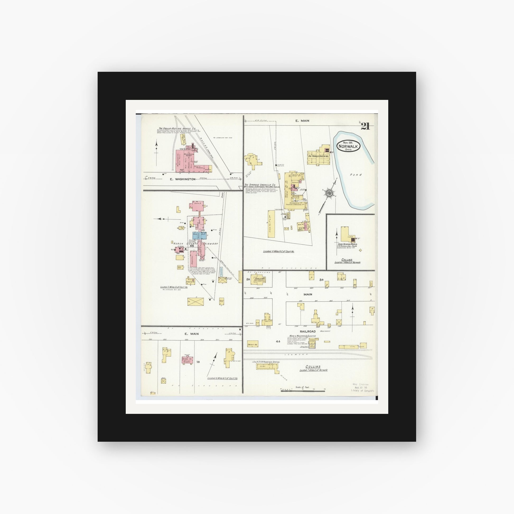 Old map wall art mockup — black gallery frame with white mat — Sanborn Fire Insurance Map from Norwalk, Huron County, Ohio (1911), Sheet #0021