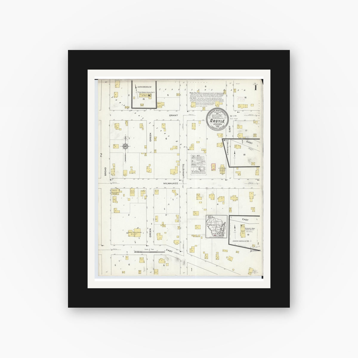 Old map wall art mockup — black gallery frame with white mat — Sanborn Fire Insurance Map from Argyle, Lafayette County, Wisconsin (1915), Sheet #0001