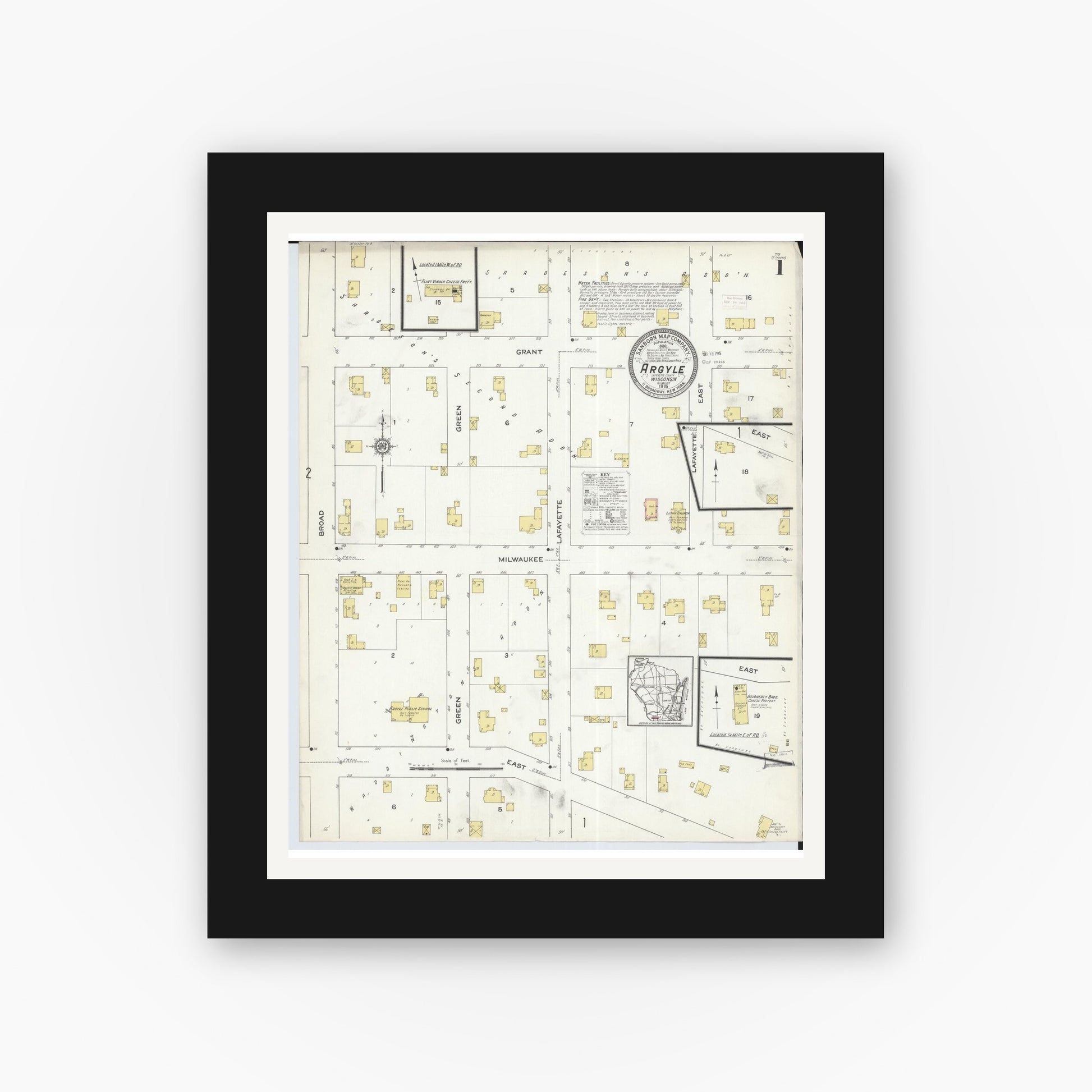 Old map wall art mockup — black gallery frame with white mat — Sanborn Fire Insurance Map from Argyle, Lafayette County, Wisconsin (1915), Sheet #0001