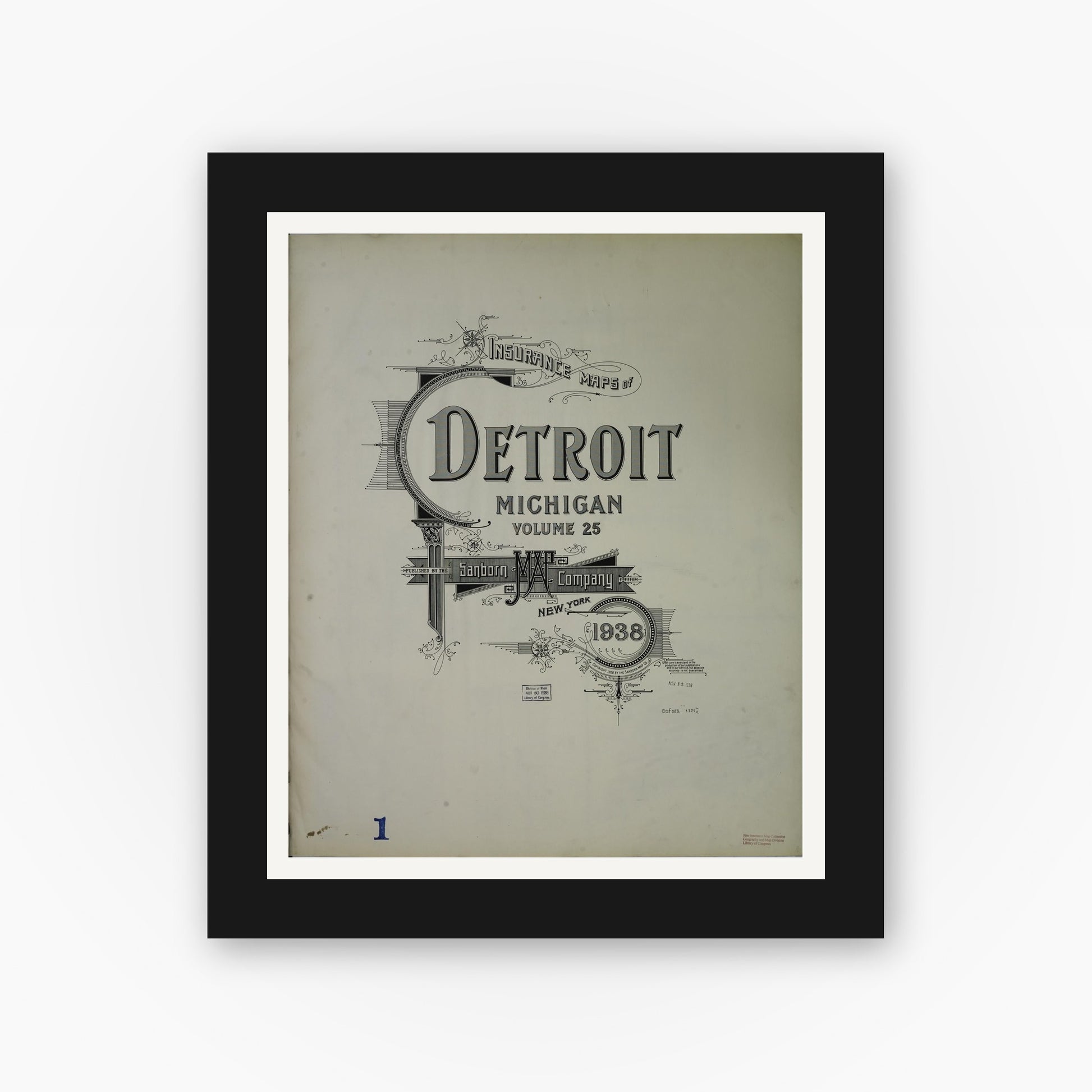 Old map wall art mockup — black gallery frame with white mat — Sanborn Fire Insurance Map from Detroit, Wayne County, Michigan (1938), Sheet #0001