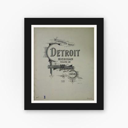 Old map wall art mockup — black gallery frame with white mat — Sanborn Fire Insurance Map from Detroit, Wayne County, Michigan (1938), Sheet #0001