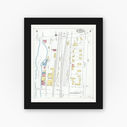 Old map wall art mockup — black gallery frame with white mat — Sanborn Fire Insurance Map from Cuyahoga Falls, Summit County, Ohio (1927), Sheet #0003