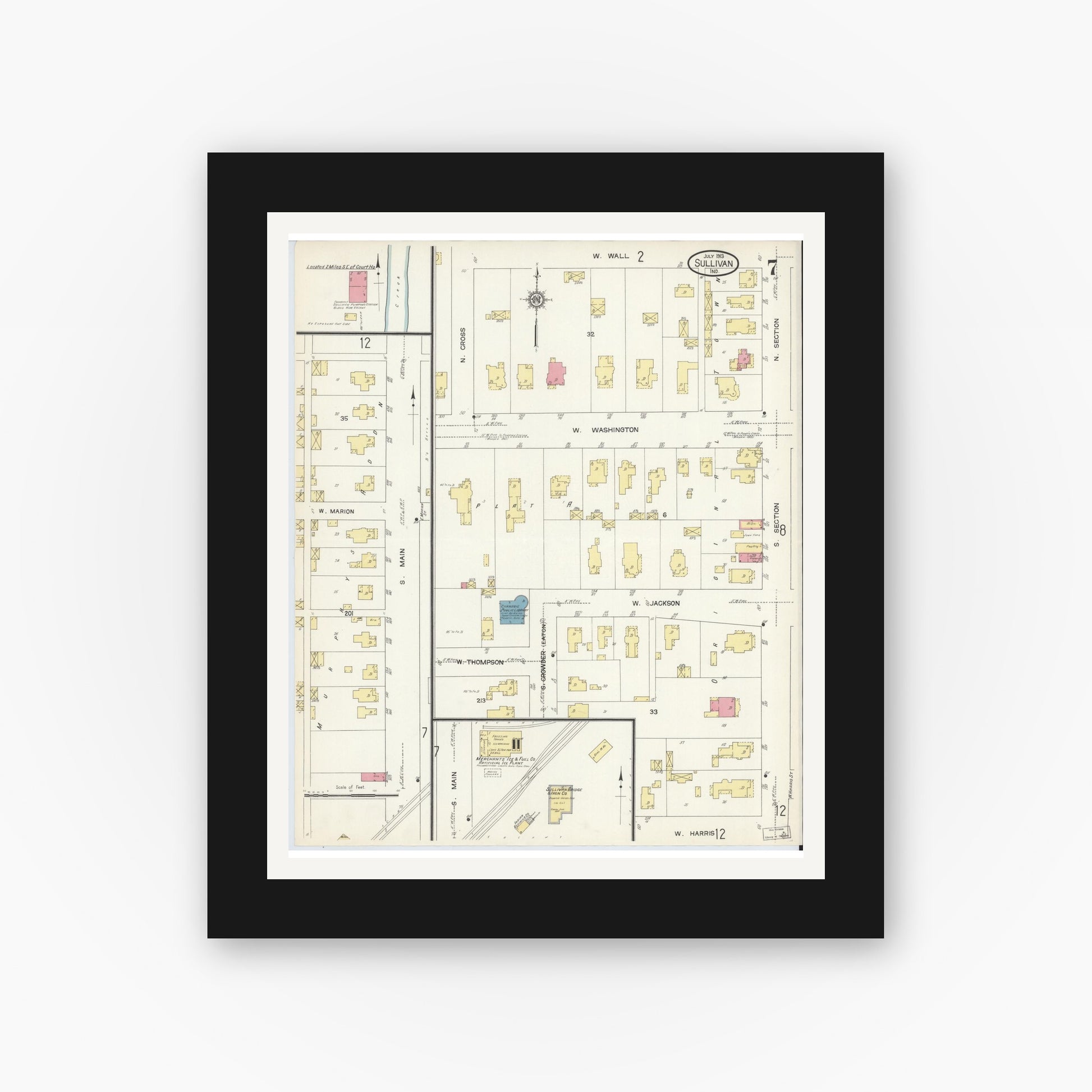 Old map wall art mockup — black gallery frame with white mat — Sanborn Fire Insurance Map from Sullivan, Sullivan County, Indiana (1913), Sheet #0007