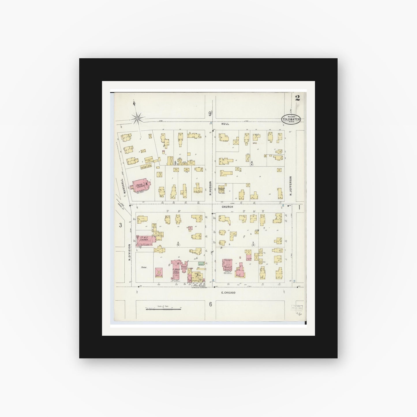 Old map wall art mockup — black gallery frame with white mat — Sanborn Fire Insurance Map from Coldwater, Branch County, Michigan (1897), Sheet #0002