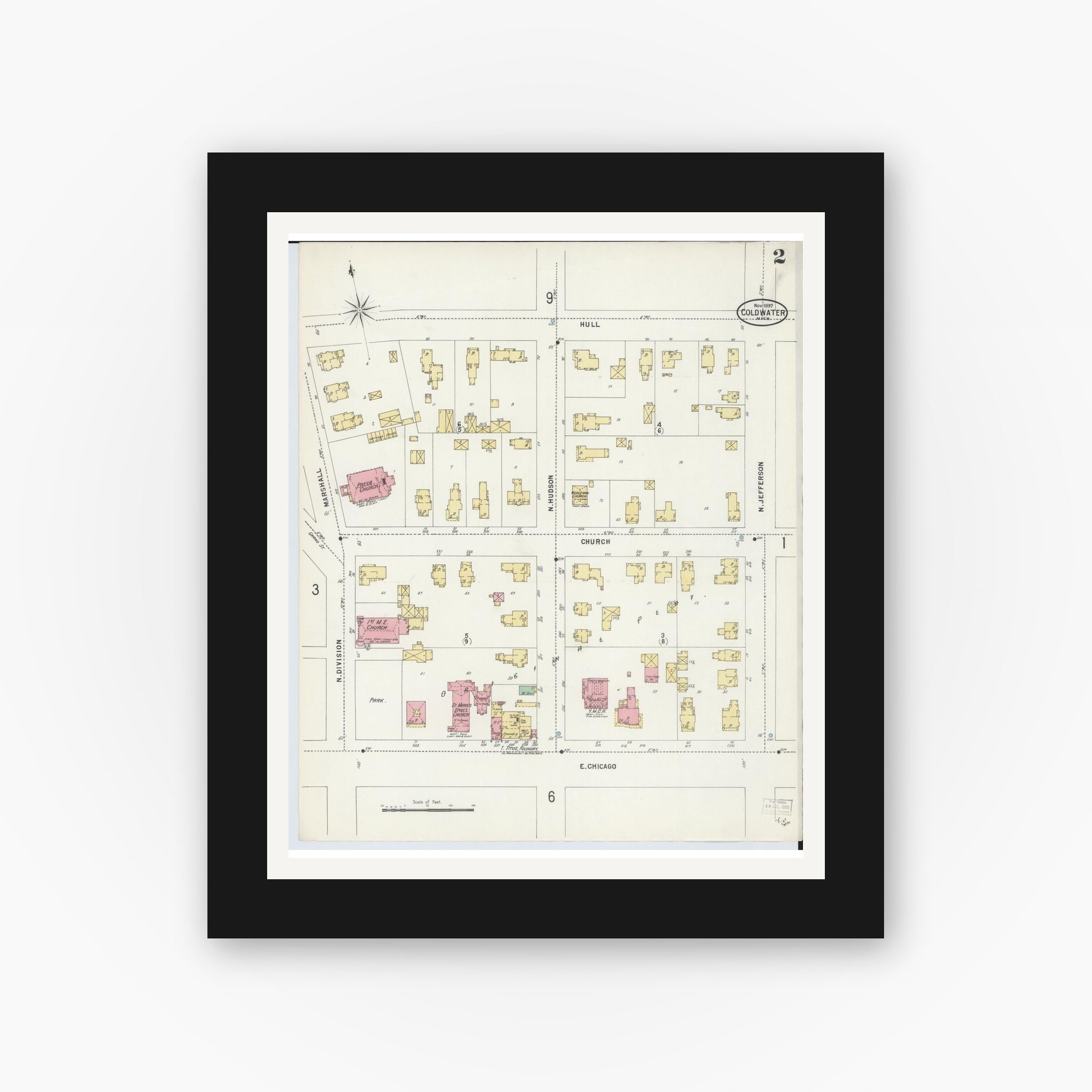 Old map wall art mockup — black gallery frame with white mat — Sanborn Fire Insurance Map from Coldwater, Branch County, Michigan (1897), Sheet #0002