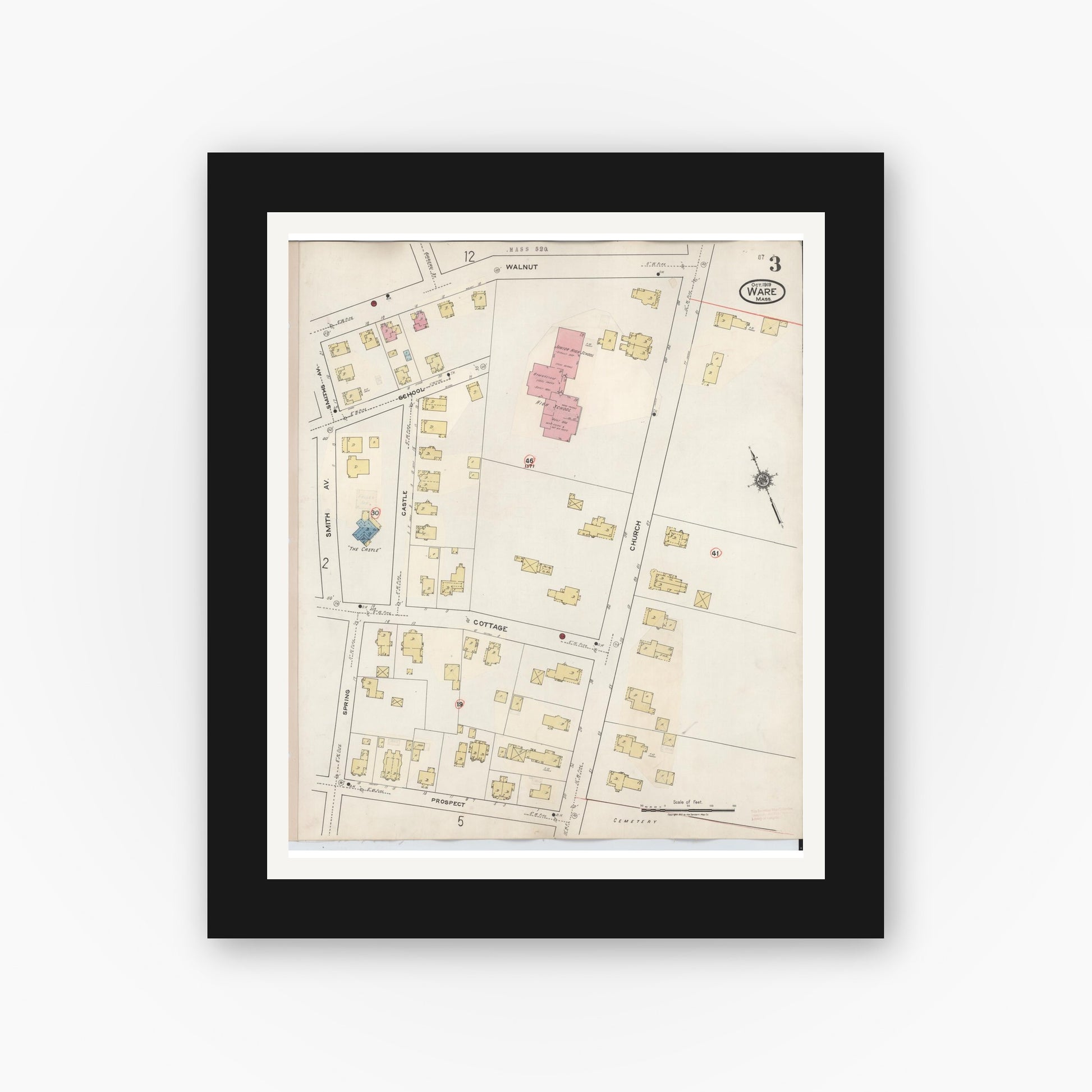 Old map wall art mockup — black gallery frame with white mat — Sanborn Fire Insurance Map from Ware, Hampshire County, Massachusetts (1946), Sheet #0003