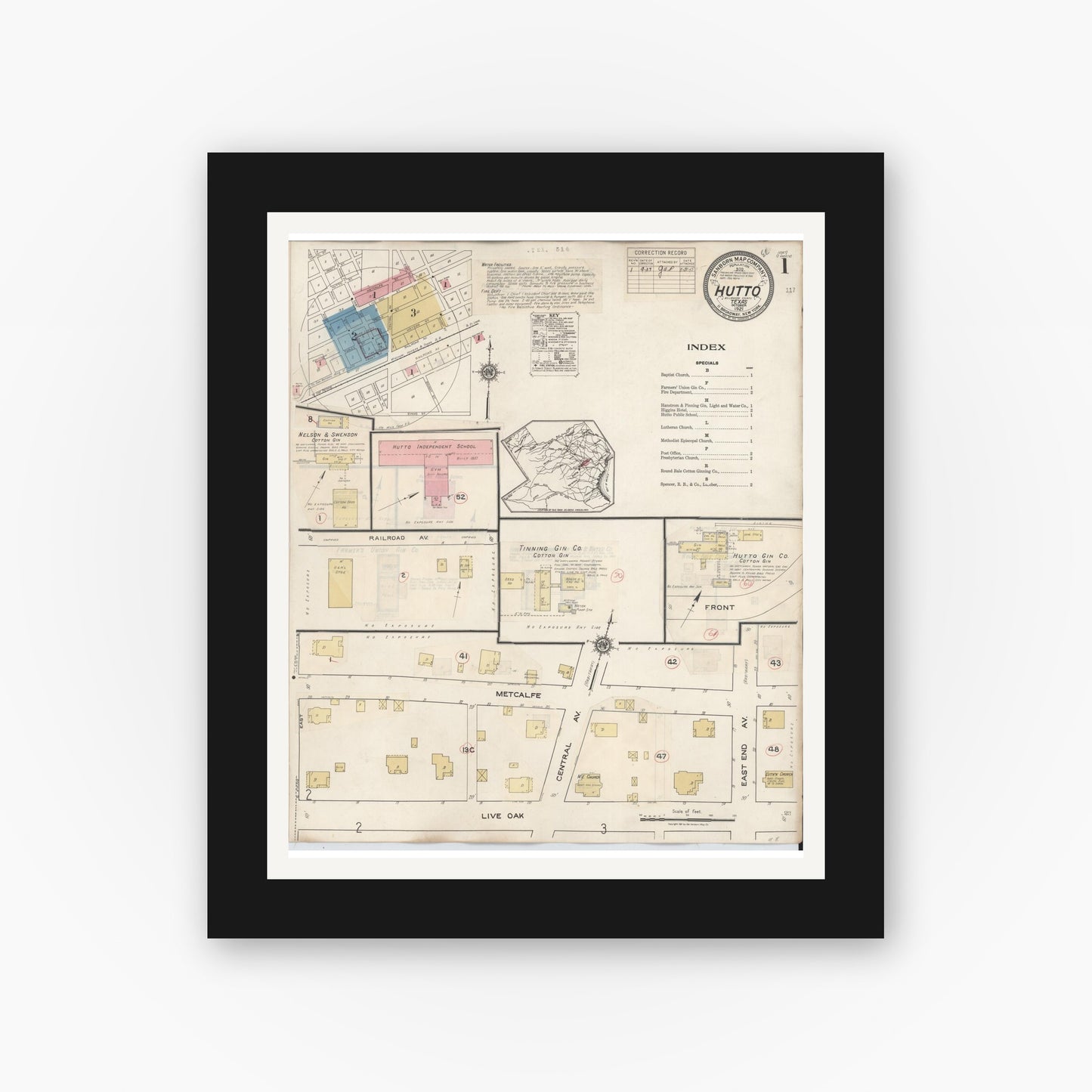 Old map wall art mockup — black gallery frame with white mat — Sanborn Fire Insurance Map from Hutto, Williamson County, Texas (1937), Sheet #0001