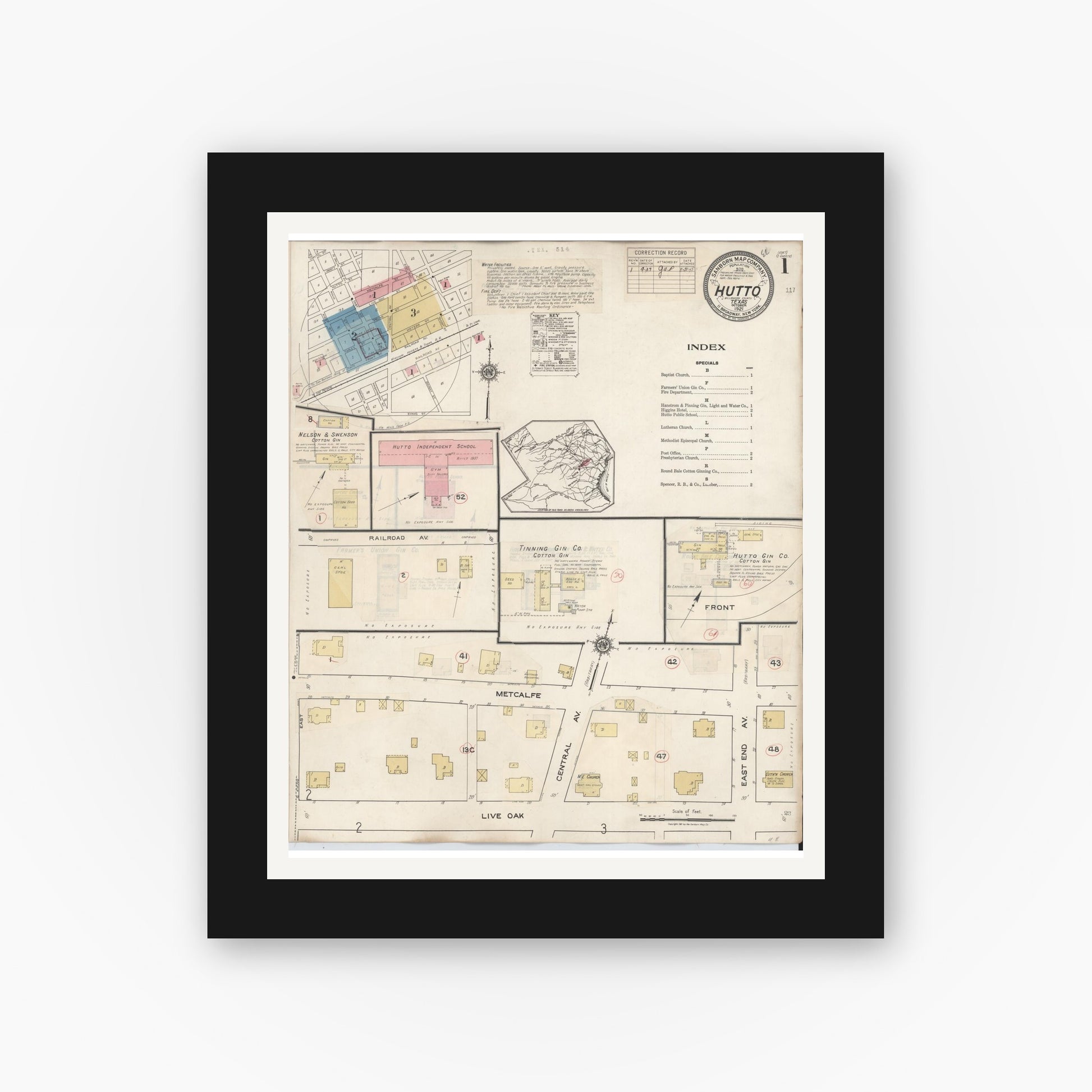 Old map wall art mockup — black gallery frame with white mat — Sanborn Fire Insurance Map from Hutto, Williamson County, Texas (1937), Sheet #0001
