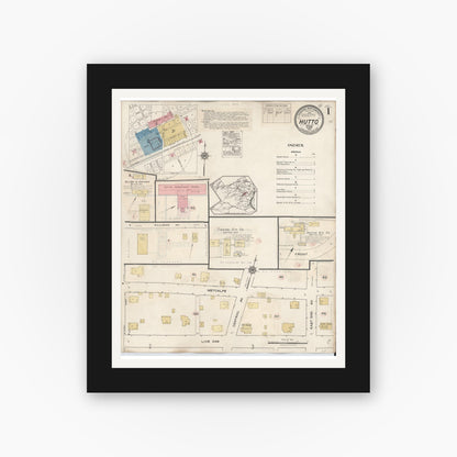Old map wall art mockup — black gallery frame with white mat — Sanborn Fire Insurance Map from Hutto, Williamson County, Texas (1937), Sheet #0001