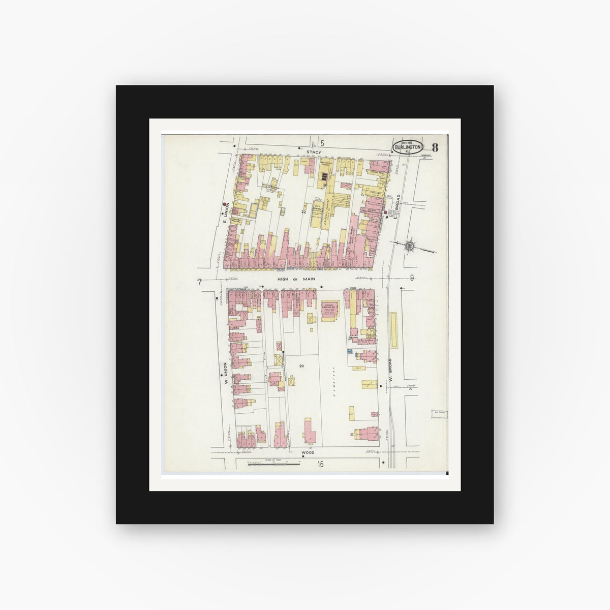 Old map wall art mockup — black gallery frame with white mat — Sanborn Fire Insurance Map from Burlington, Burlington County, New Jersey (1915), Sheet #0008