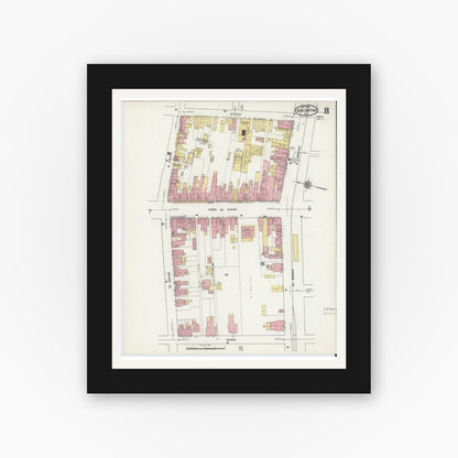 Old map wall art mockup — black gallery frame with white mat — Sanborn Fire Insurance Map from Burlington, Burlington County, New Jersey (1915), Sheet #0008